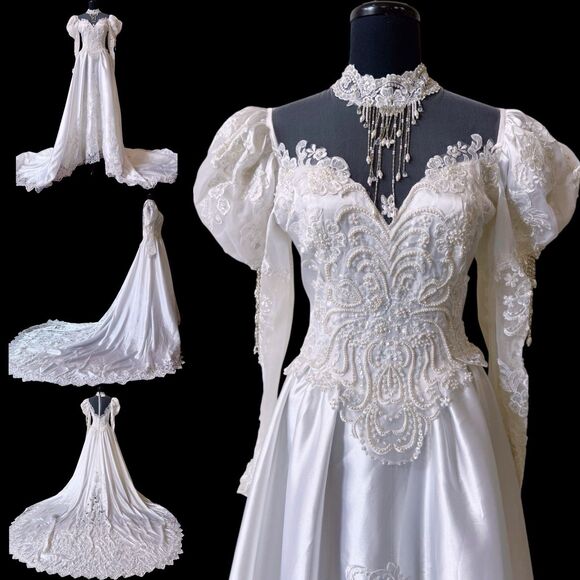 VTG 90s Wedding Dress Small Dangling Pearl Beaded Puff Sleeve Cathedral Train - Picture 1 of 16